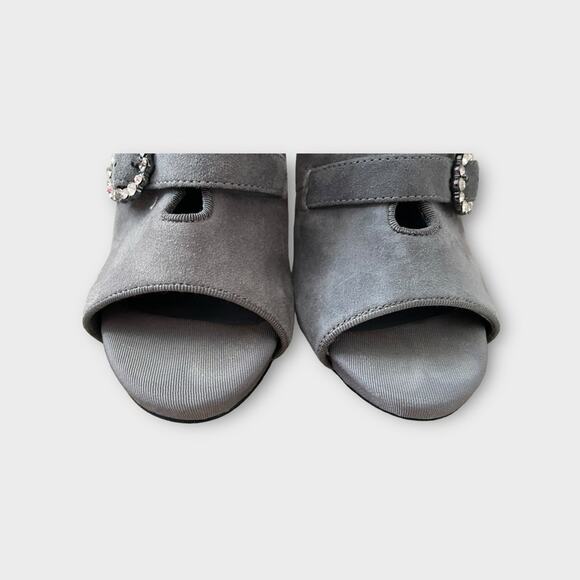 White House Black Market Peep Toe Gray Suede Buckle Booties Heel Sandal Size 6.5 - Picture 5 of 13